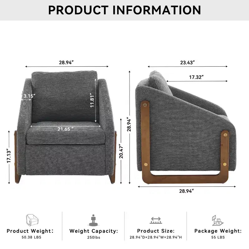 Fauteuil en tissu chenille, fauteuil d'appoint avec cadre latéral en bois, garniture cloutée dorée, fauteuil de loisirs rembourré pour salon, chambre à coucher