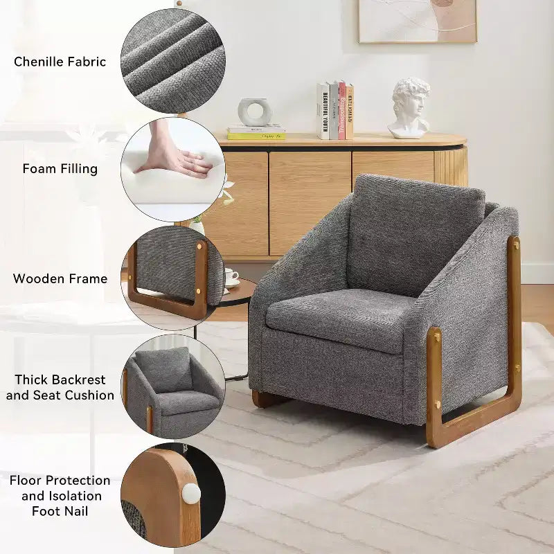 Fauteuil en tissu chenille, fauteuil d'appoint avec cadre latéral en bois, garniture cloutée dorée, fauteuil de loisirs rembourré pour salon, chambre à coucher