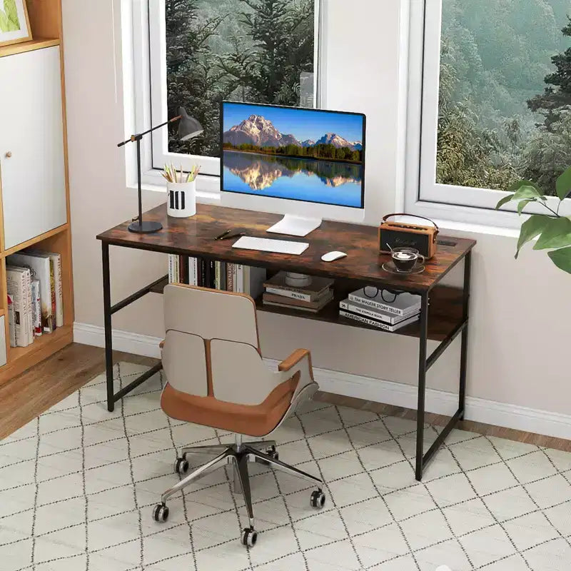 Bureau informatique 55 x 24 avec prises de courant et ports USB, étagère de rangement, cadre métallique noir/marron