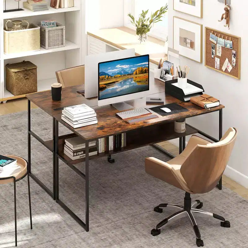 Bureau informatique 55 x 24 avec prises de courant et ports USB, étagère de rangement, cadre métallique noir/marron
