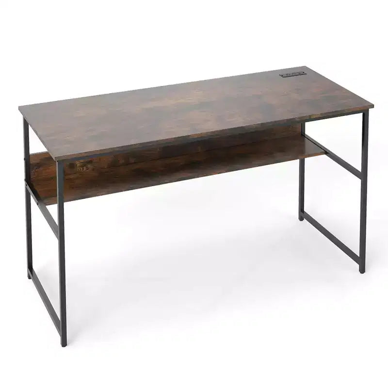 Bureau informatique 55 x 24 avec prises de courant et ports USB, étagère de rangement, cadre métallique noir/marron
