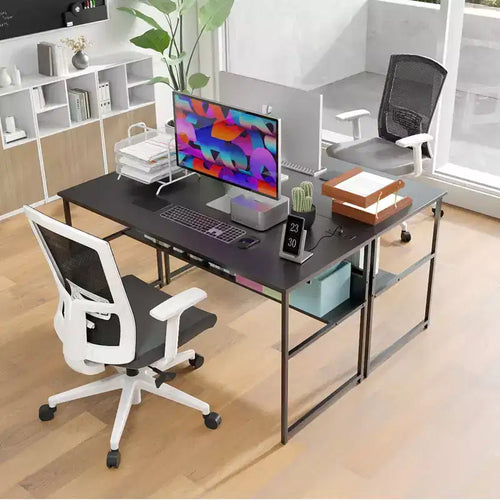 Bureau informatique 55 x 24 avec prises de courant et ports USB, étagère de rangement, cadre métallique noir/marron