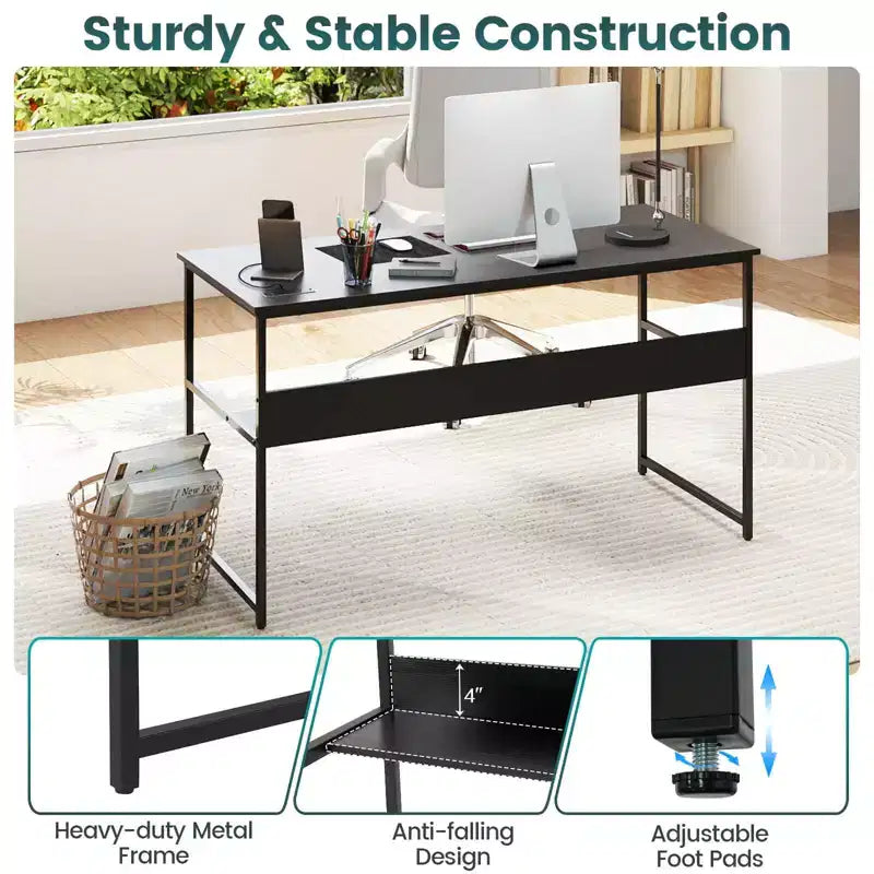 Bureau informatique 55 x 24 avec prises de courant et ports USB, étagère de rangement, cadre métallique noir/marron