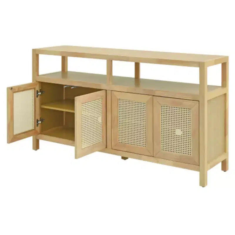 Buffet en rotin style bohème, armoire de rangement d'appoint avec cadre en bois massif, portes à ouverture par pression et étagère réglable