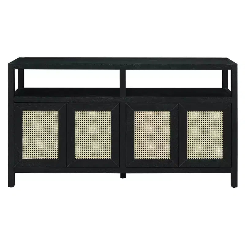 Buffet en rotin style bohème, armoire de rangement d'appoint avec cadre en bois massif, portes à ouverture par pression et étagère réglable