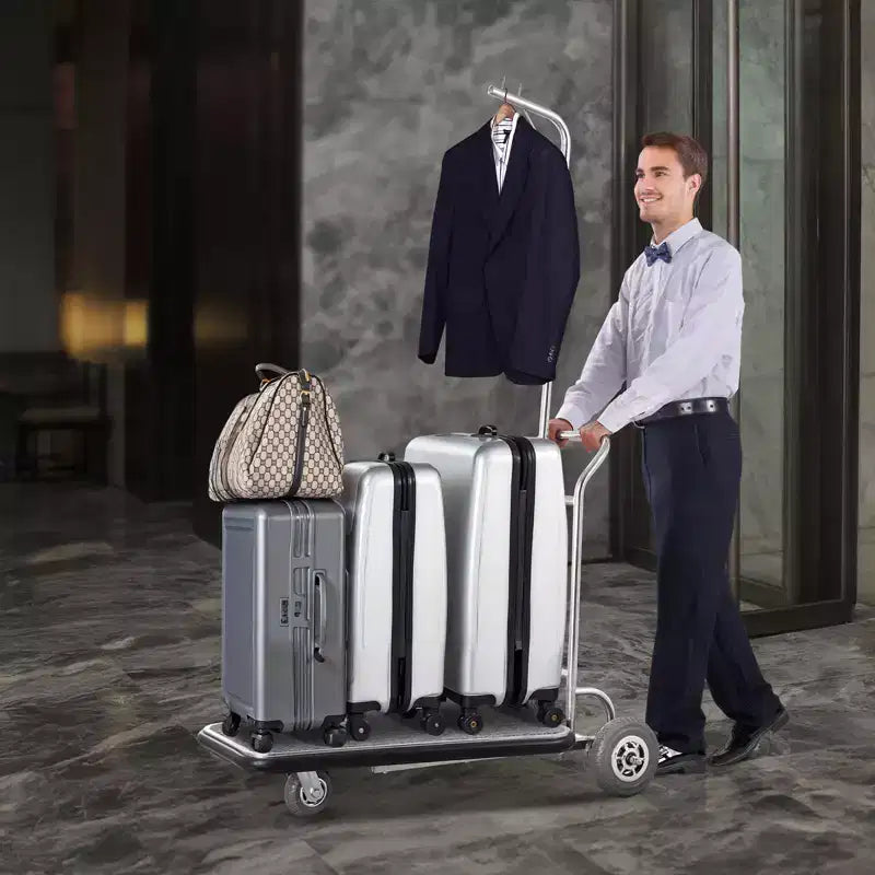 Chariot à bagages, capacité de charge de 272 kg, chariot de bagagiste en acier inoxydable à 3 roues, chariot de voiturier avec plateforme recouverte de moquette grise et roues en caoutchouc, argent