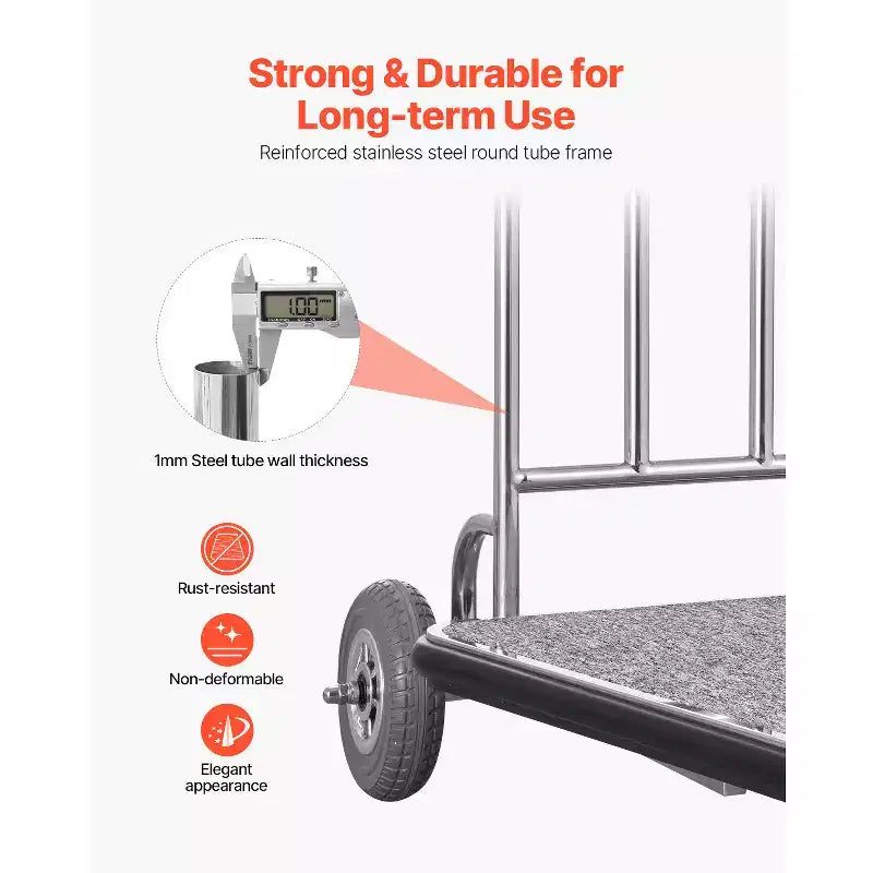 Chariot à bagages, capacité de charge de 272 kg, chariot de bagagiste en acier inoxydable à 3 roues, chariot de voiturier avec plateforme recouverte de moquette grise et roues en caoutchouc, argent