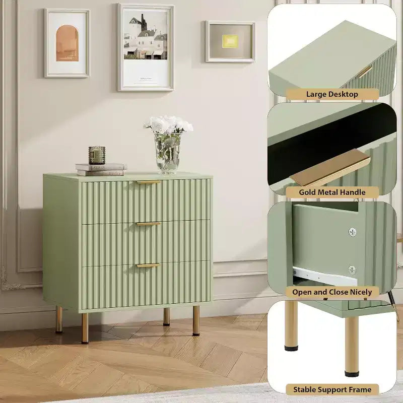 Commode à 3 tiroirs, table de chevet moderne cannelée avec tiroirs profonds et pieds dorés, petit organiseur de table d'appoint pour chambre ou salon