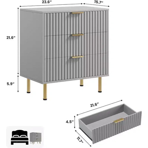 3 Drawer Dresser, Modern Fluted Nightstand with Deep Drawers & Gold Legs, Small Side Table Organizer for Bedroom or Living Room