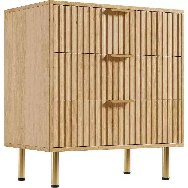 Commode à 3 tiroirs, table de chevet moderne cannelée avec tiroirs profonds et pieds dorés, petit organiseur de table d'appoint pour chambre ou salon
