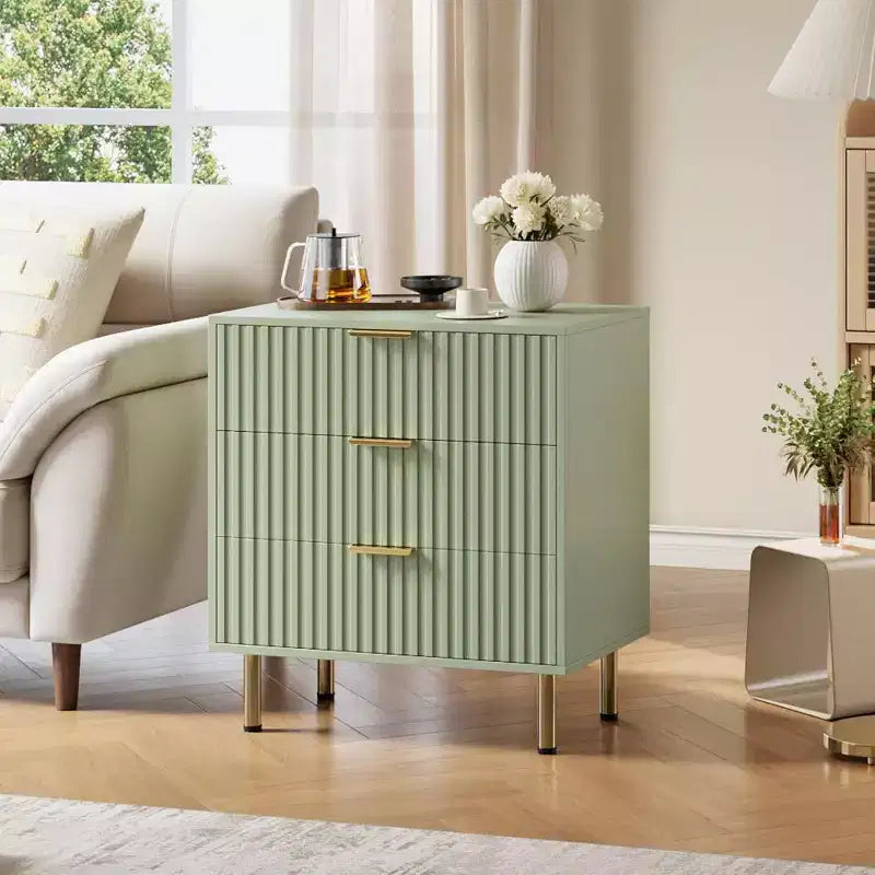 Commode à 3 tiroirs, table de chevet moderne cannelée avec tiroirs profonds et pieds dorés, petit organiseur de table d'appoint pour chambre ou salon