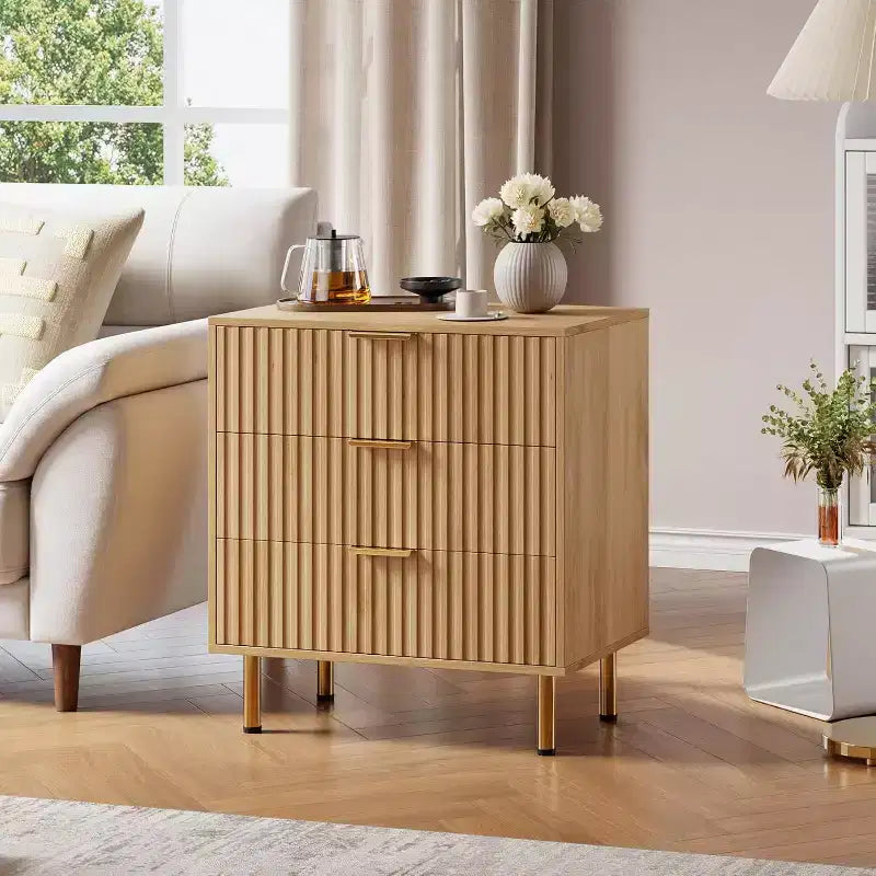 Commode à 3 tiroirs, table de chevet moderne cannelée avec tiroirs profonds et pieds dorés, petit organiseur de table d'appoint pour chambre ou salon