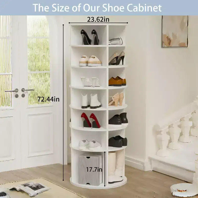 Rotating Shoe Rack Tower, Freestanding 360 Rotating Storage Stand, Elevated Base Design Shoe Tower with Rotating Storage Tray - White