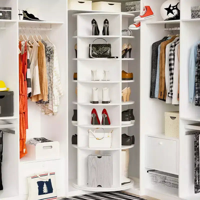 Tour d'étagère à chaussures rotative, support de rangement rotatif à 360° autonome, tour à chaussures avec base surélevée et plateau de rangement rotatif - Blanc