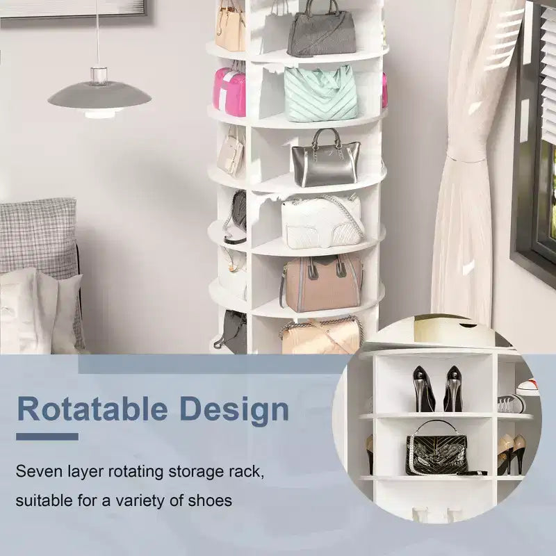 Rotating Shoe Rack Tower, Freestanding 360 Rotating Storage Stand, Elevated Base Design Shoe Tower with Rotating Storage Tray - White