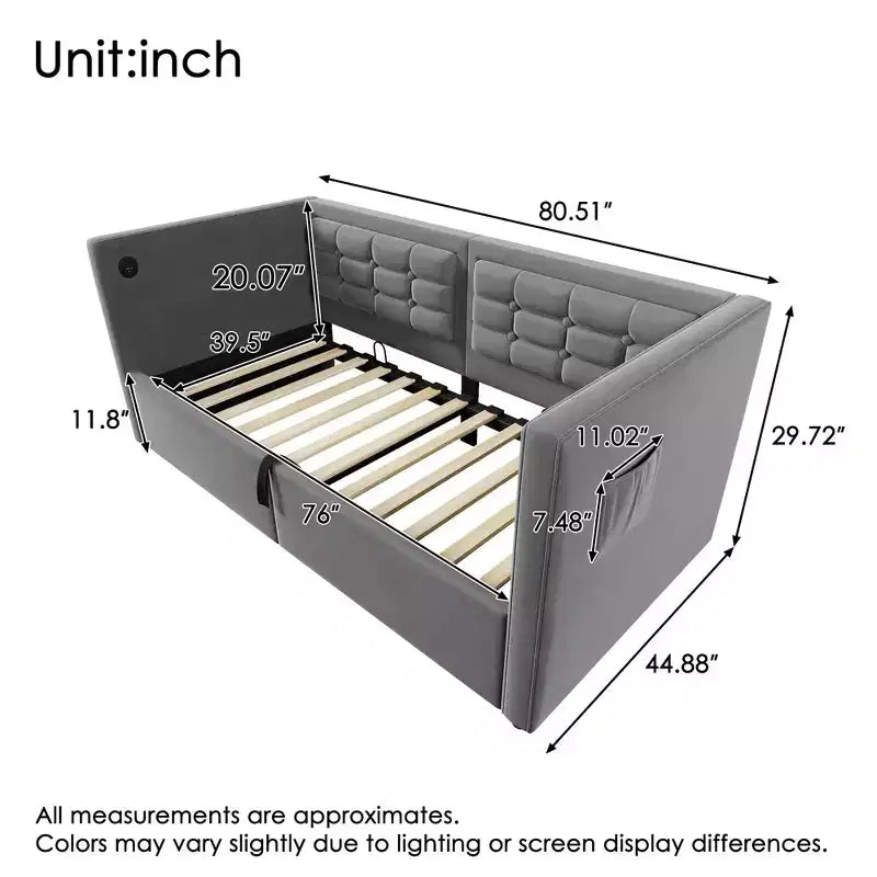 Lit double moderne avec port USB et rangement caché, lit de repos capitonné pour chambre à coucher, chambre d'enfant, bureau