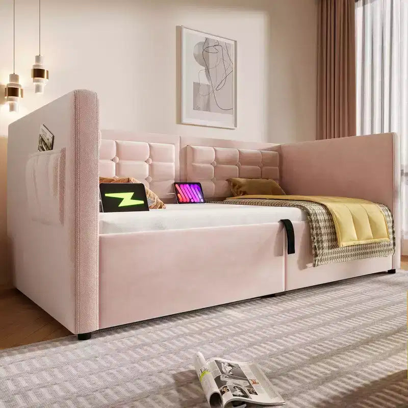 Lit double moderne avec port USB et rangement caché, lit de repos capitonné pour chambre à coucher, chambre d'enfant, bureau