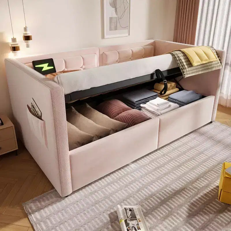 Lit double moderne avec port USB et rangement caché, lit de repos capitonné pour chambre à coucher, chambre d'enfant, bureau