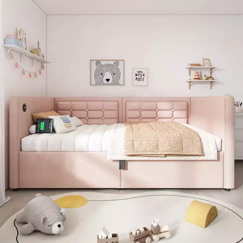 Lit double moderne avec port USB et rangement caché, lit de repos capitonné pour chambre à coucher, chambre d'enfant, bureau