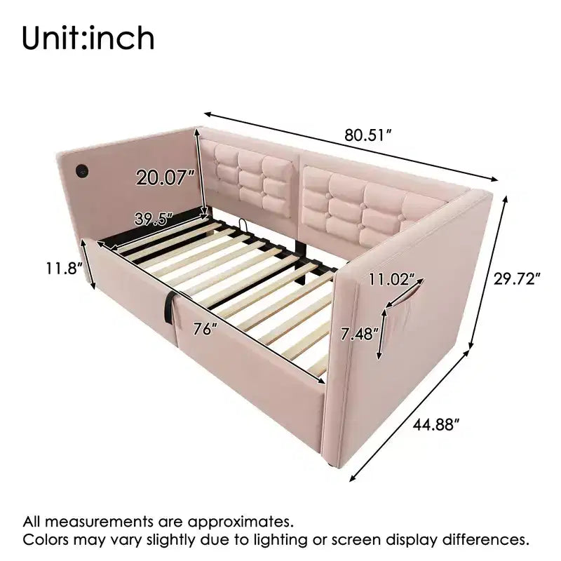 Lit double moderne avec port USB et rangement caché, lit de repos capitonné pour chambre à coucher, chambre d'enfant, bureau