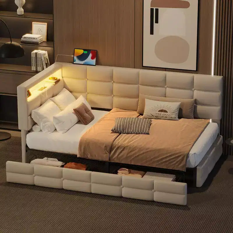 Lit double moderne avec port USB et rangement caché, lit de repos capitonné pour chambre à coucher, chambre d'enfant, bureau