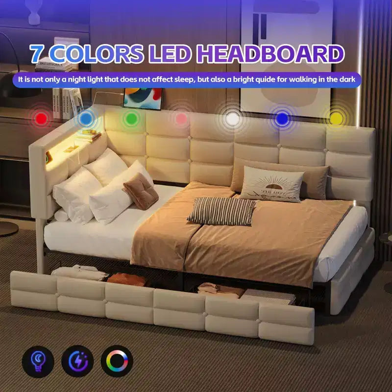 Lit double moderne avec port USB et rangement caché, lit de repos capitonné pour chambre à coucher, chambre d'enfant, bureau