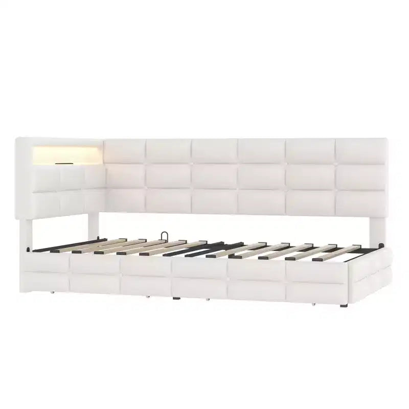 Lit double moderne avec port USB et rangement caché, lit de repos capitonné pour chambre à coucher, chambre d'enfant, bureau