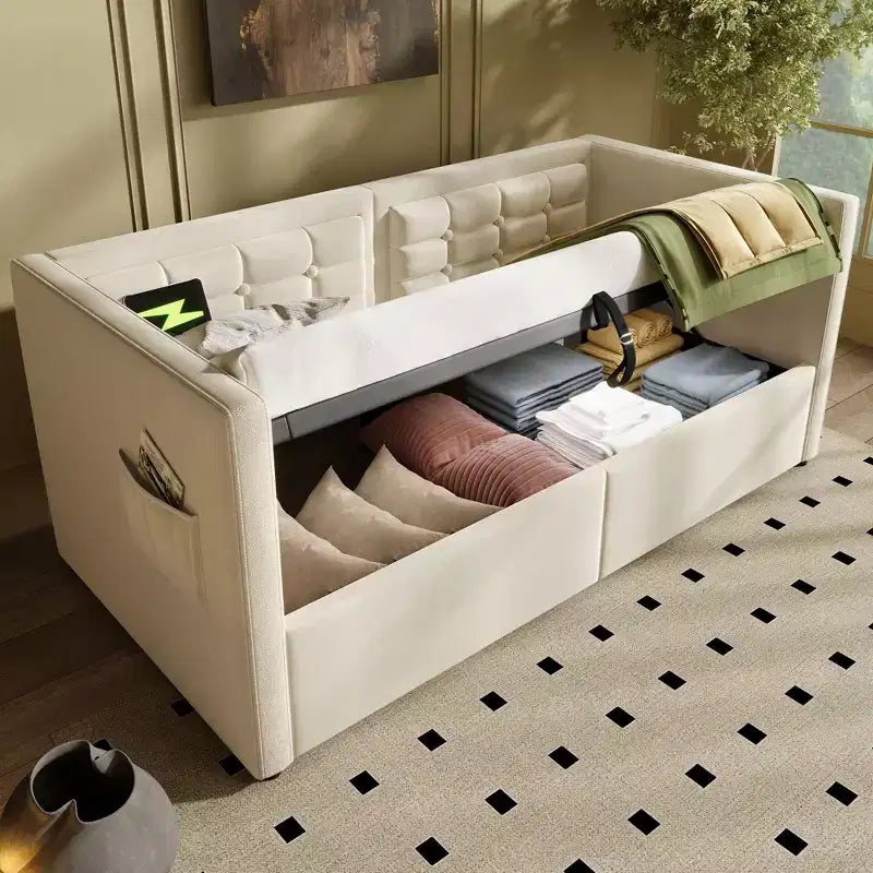 Lit double moderne avec port USB et rangement caché, lit de repos capitonné pour chambre à coucher, chambre d'enfant, bureau