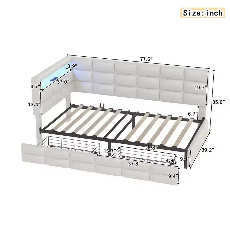 Lit double moderne avec port USB et rangement caché, lit de repos capitonné pour chambre à coucher, chambre d'enfant, bureau