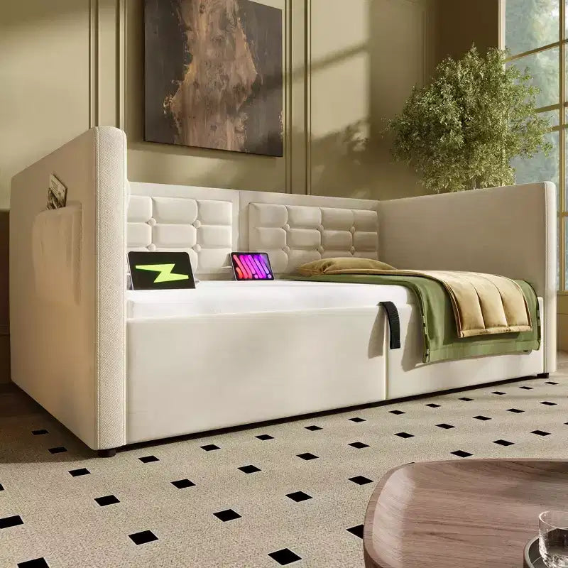 Lit double moderne avec port USB et rangement caché, lit de repos capitonné pour chambre à coucher, chambre d'enfant, bureau