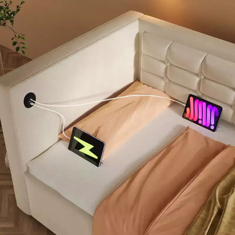 Lit double moderne avec port USB et rangement caché, lit de repos capitonné pour chambre à coucher, chambre d'enfant, bureau