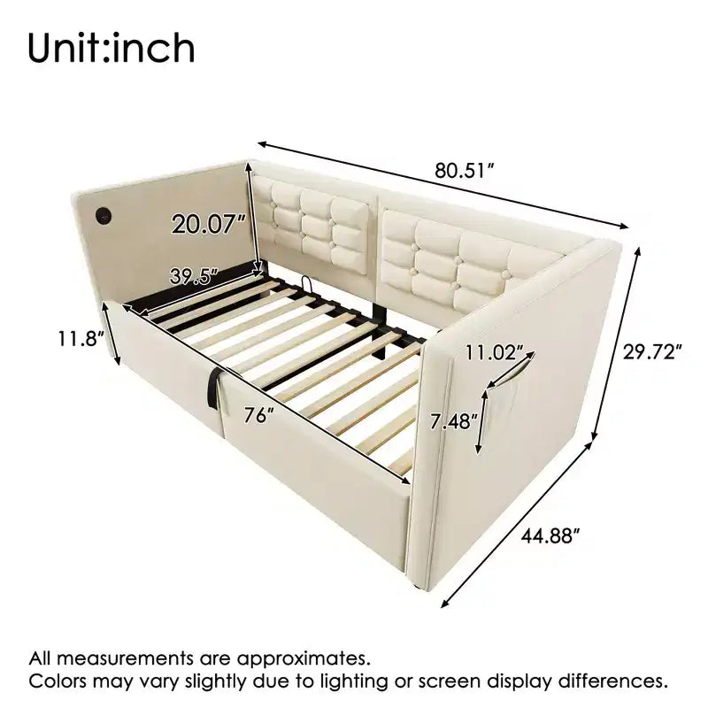 Lit double moderne avec port USB et rangement caché, lit de repos capitonné pour chambre à coucher, chambre d'enfant, bureau