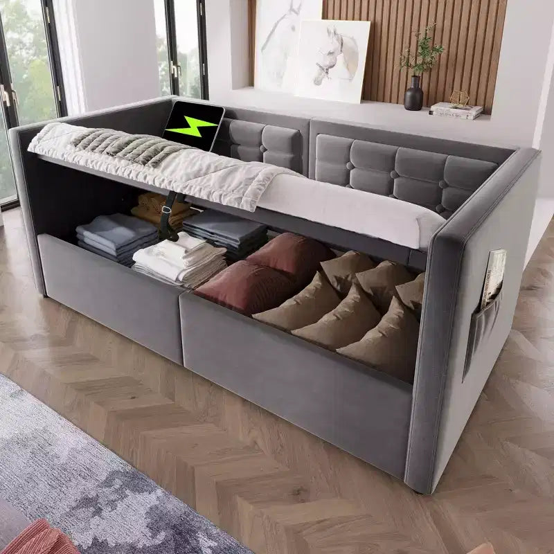 Lit double moderne avec port USB et rangement caché, lit de repos capitonné pour chambre à coucher, chambre d'enfant, bureau