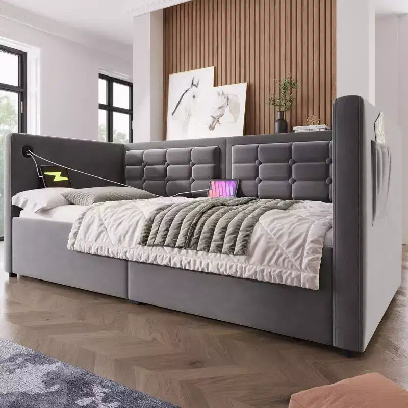 Lit double moderne avec port USB et rangement caché, lit de repos capitonné pour chambre à coucher, chambre d'enfant, bureau