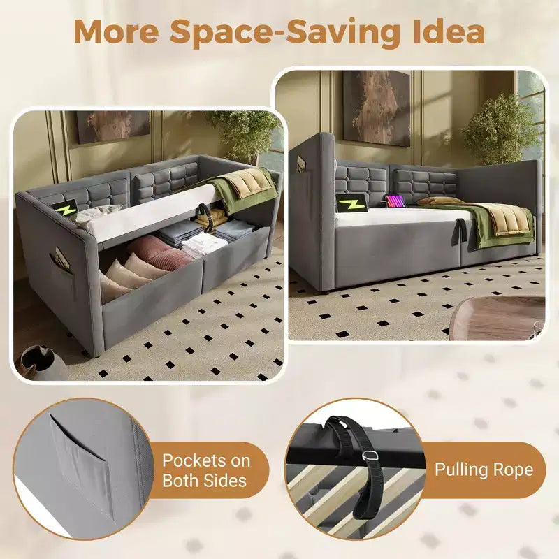 Lit double moderne avec port USB et rangement caché, lit de repos capitonné pour chambre à coucher, chambre d'enfant, bureau
