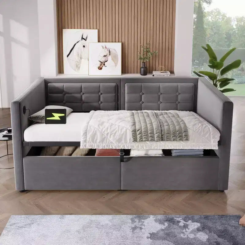 Lit double moderne avec port USB et rangement caché, lit de repos capitonné pour chambre à coucher, chambre d'enfant, bureau