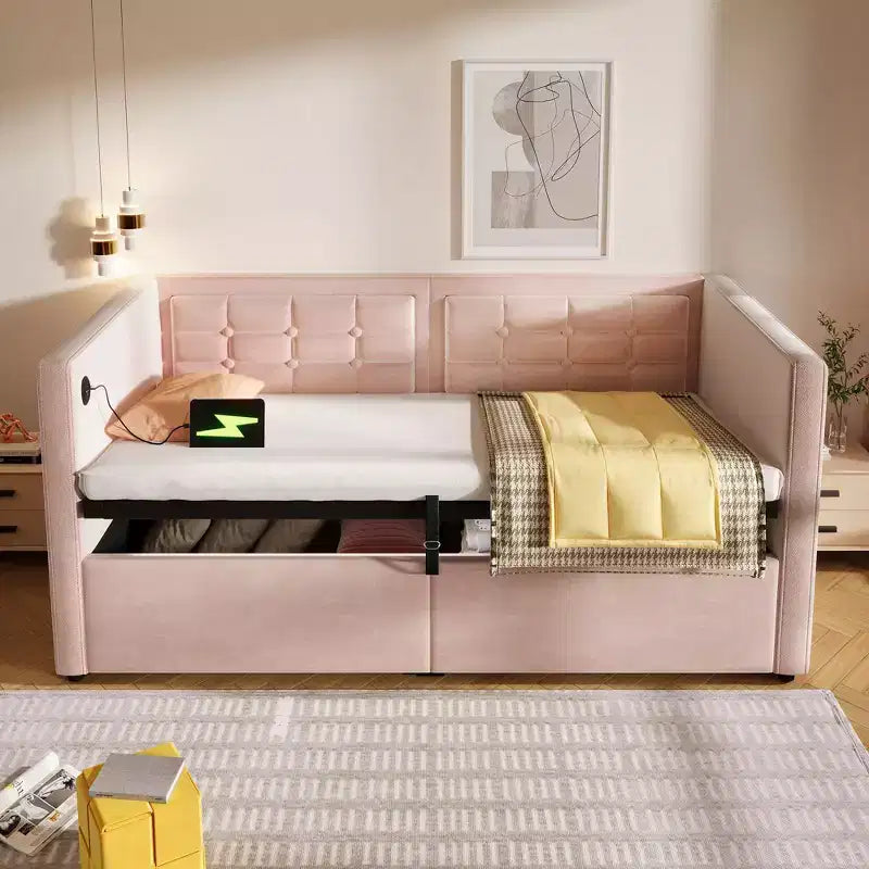 Lit double moderne avec port USB et rangement caché, lit de repos capitonné pour chambre à coucher, chambre d'enfant, bureau