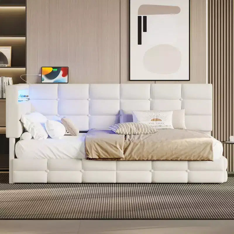 Lit double moderne avec port USB et rangement caché, lit de repos capitonné pour chambre à coucher, chambre d'enfant, bureau