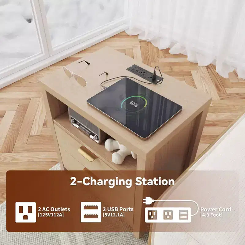 Table de chevet en chêne naturel avec station de recharge, table de chevet en bois à 2 tiroirs, étagère de rangement, meuble d'appoint de chambre à coucher moderne style ferme, table d'appoint.