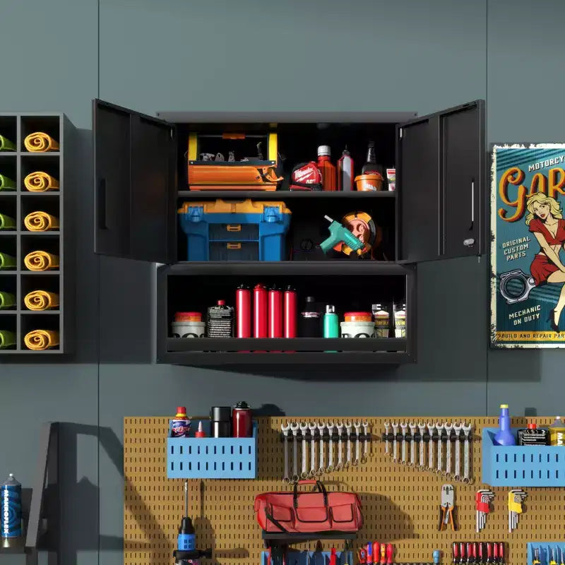 Armoire murale 30H en acier – Portes verrouillables + Tiroir ouvert + Étagère réglable, Acier laminé à froid, Garage/Bureau/Entrepôt/Maison/École
