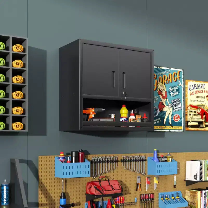 Armoire murale 30H en acier – Portes verrouillables + Tiroir ouvert + Étagère réglable, Acier laminé à froid, Garage/Bureau/Entrepôt/Maison/École