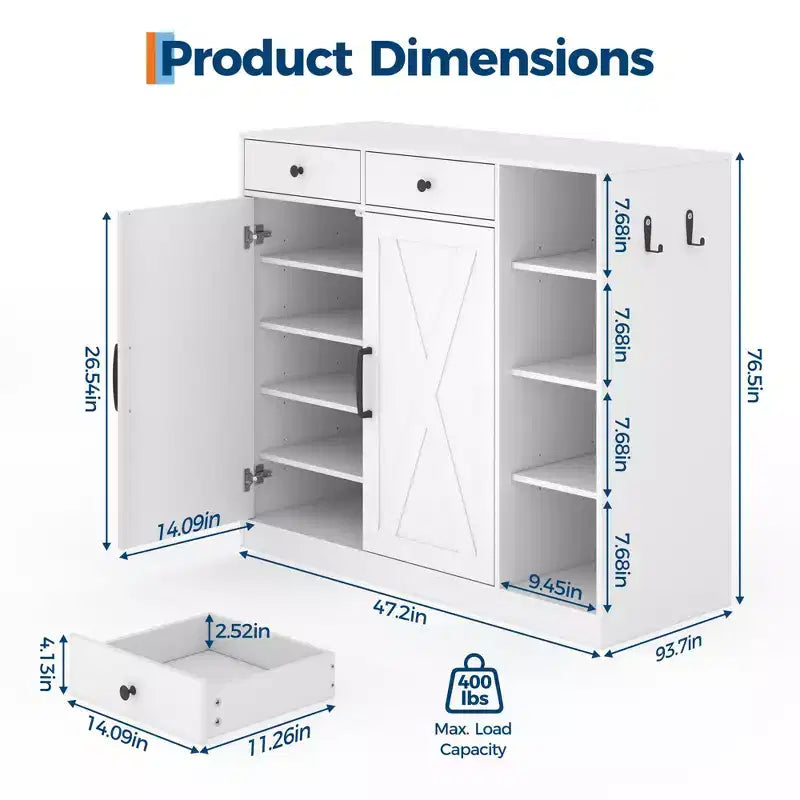 Shoe Storage Cabinet, Modern Farmhouse Shoe Rack Organizer with 6 Adjustable Shelves & 2 Drawers, Freestanding Entryway Cabinet for Mudroom, White