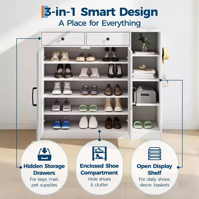 Shoe Storage Cabinet, Modern Farmhouse Shoe Rack Organizer with 6 Adjustable Shelves & 2 Drawers, Freestanding Entryway Cabinet for Mudroom, White