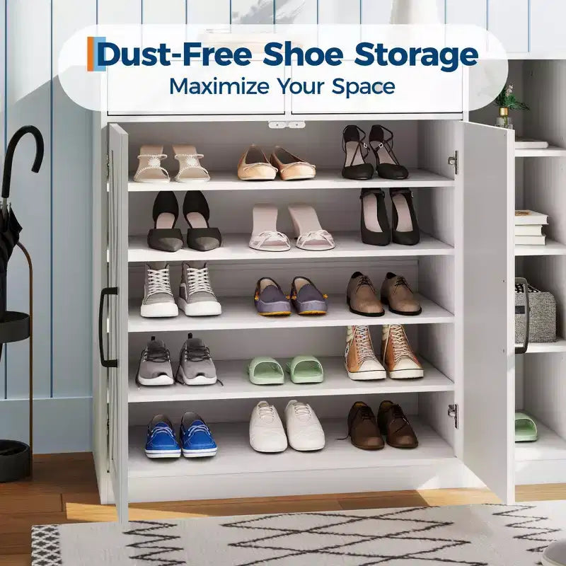 Shoe Storage Cabinet, Modern Farmhouse Shoe Rack Organizer with 6 Adjustable Shelves & 2 Drawers, Freestanding Entryway Cabinet for Mudroom, White