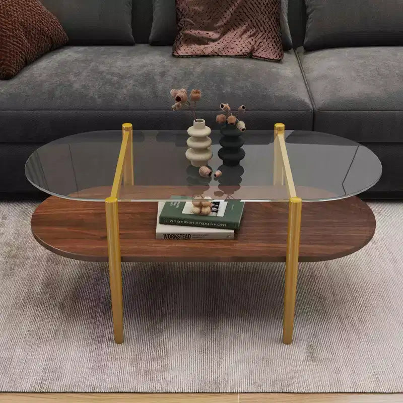 Table basse ovale en verre avec double couche de verre transparent, MDF marron pour salon