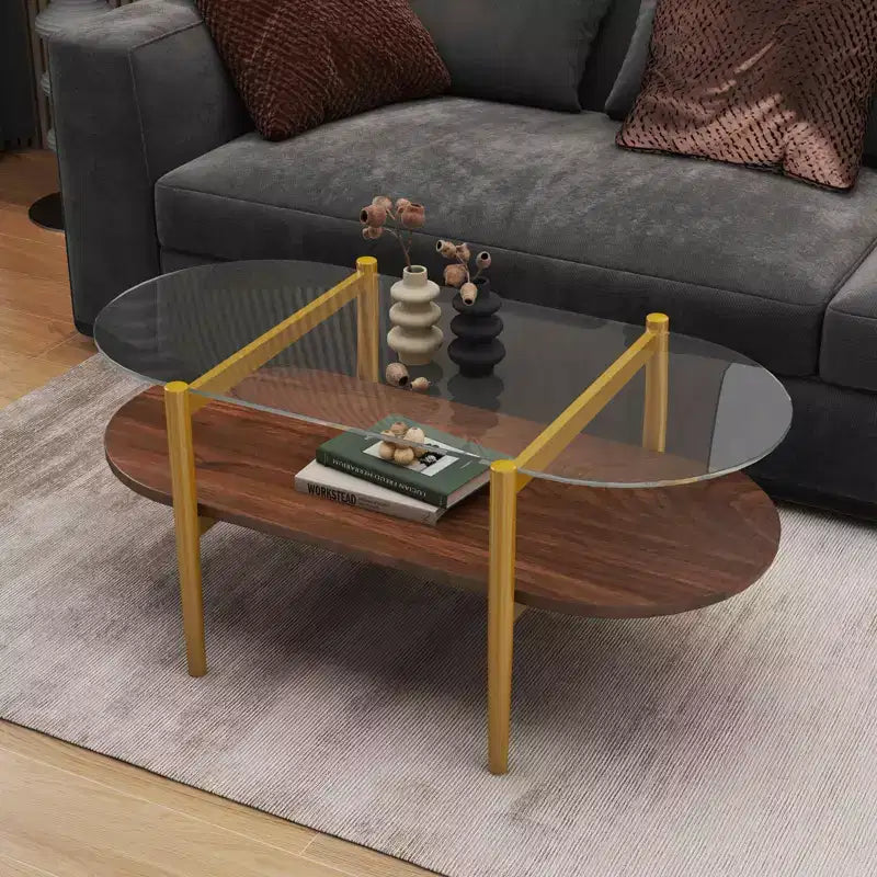Table basse ovale en verre avec double couche de verre transparent, MDF marron pour salon