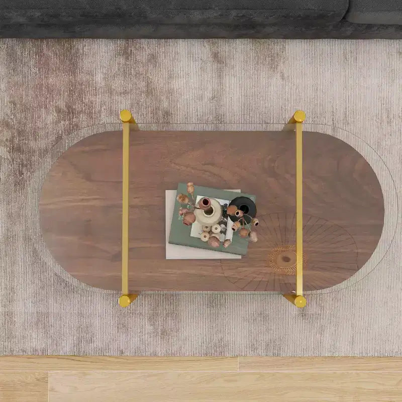 Table basse ovale en verre avec double couche de verre transparent, MDF marron pour salon