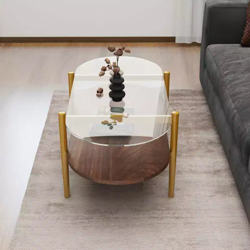 Table basse ovale en verre avec double couche de verre transparent, MDF marron pour salon