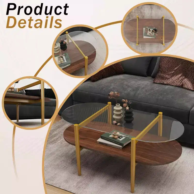 Table basse ovale en verre avec double couche de verre transparent, MDF marron pour salon