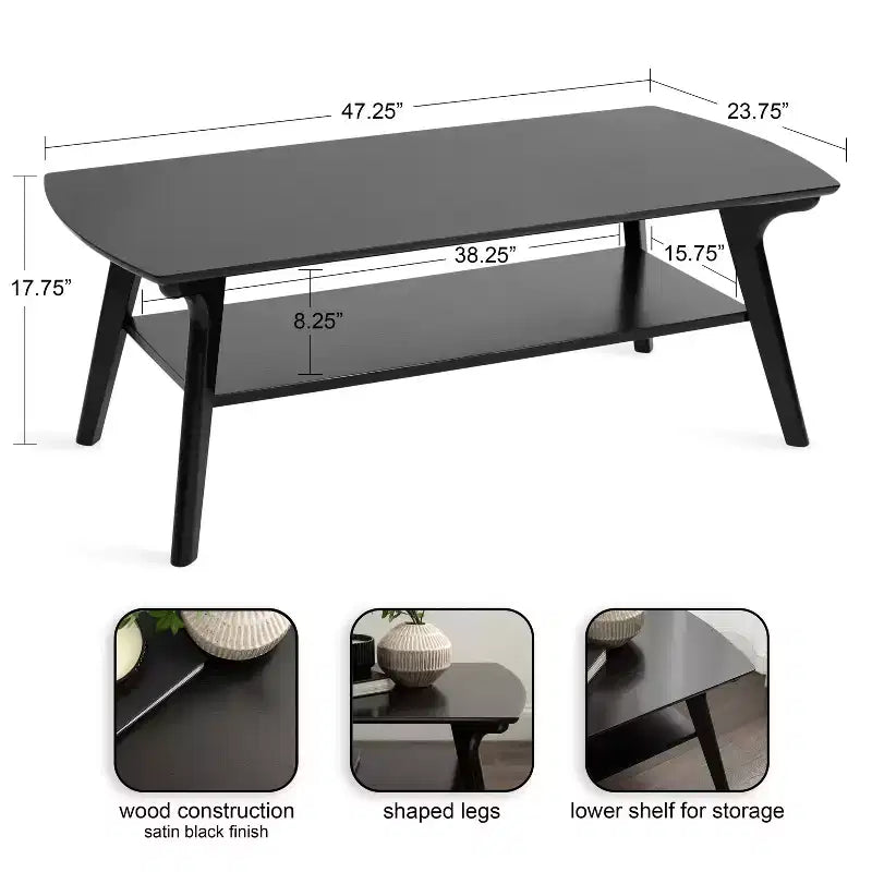 Table basse en bois, 48x24x18, Noir